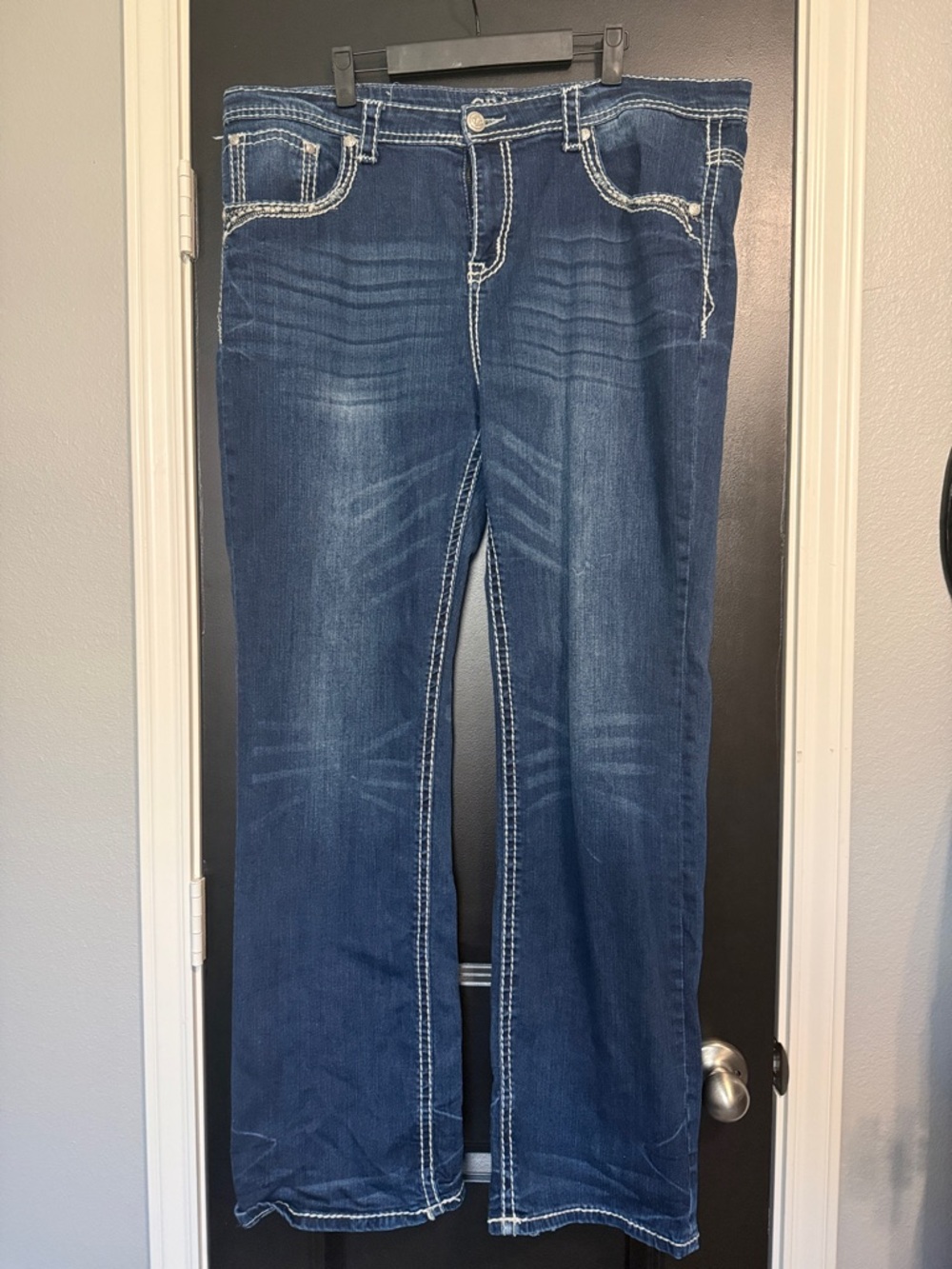 Grace In LA Dark Blue Contrast-Stitch Flare Jeans
